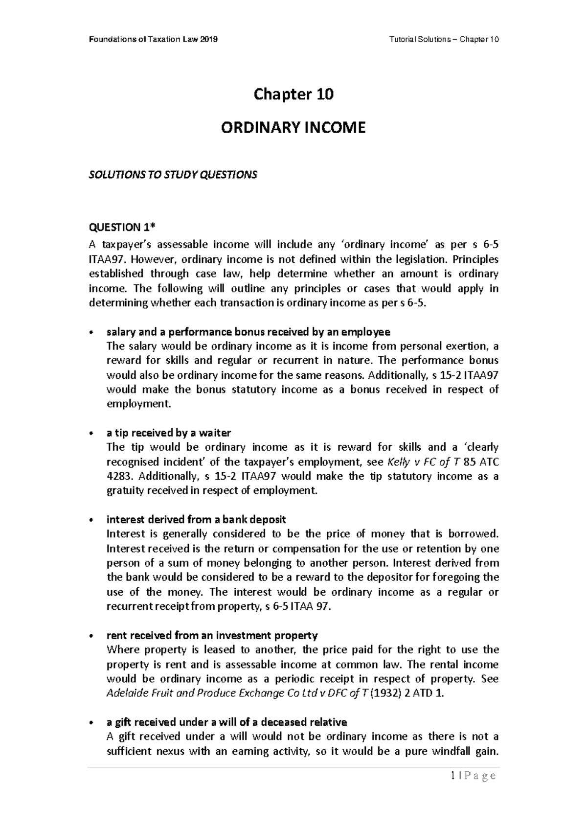 Taxation TS-3 - Chapter 10 ORDINARY INCOME SOLUTIONS TO STUDY QUESTIONS ...