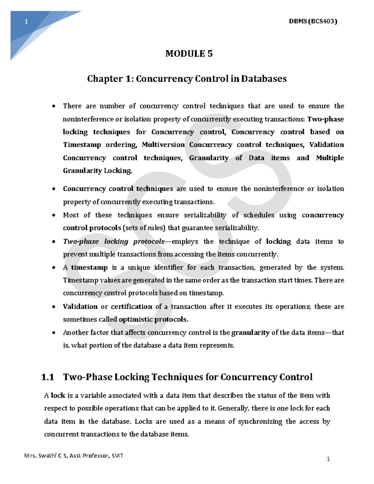 DBMS M5 - Concurrency Control Techniques Lecture Notes - Studocu