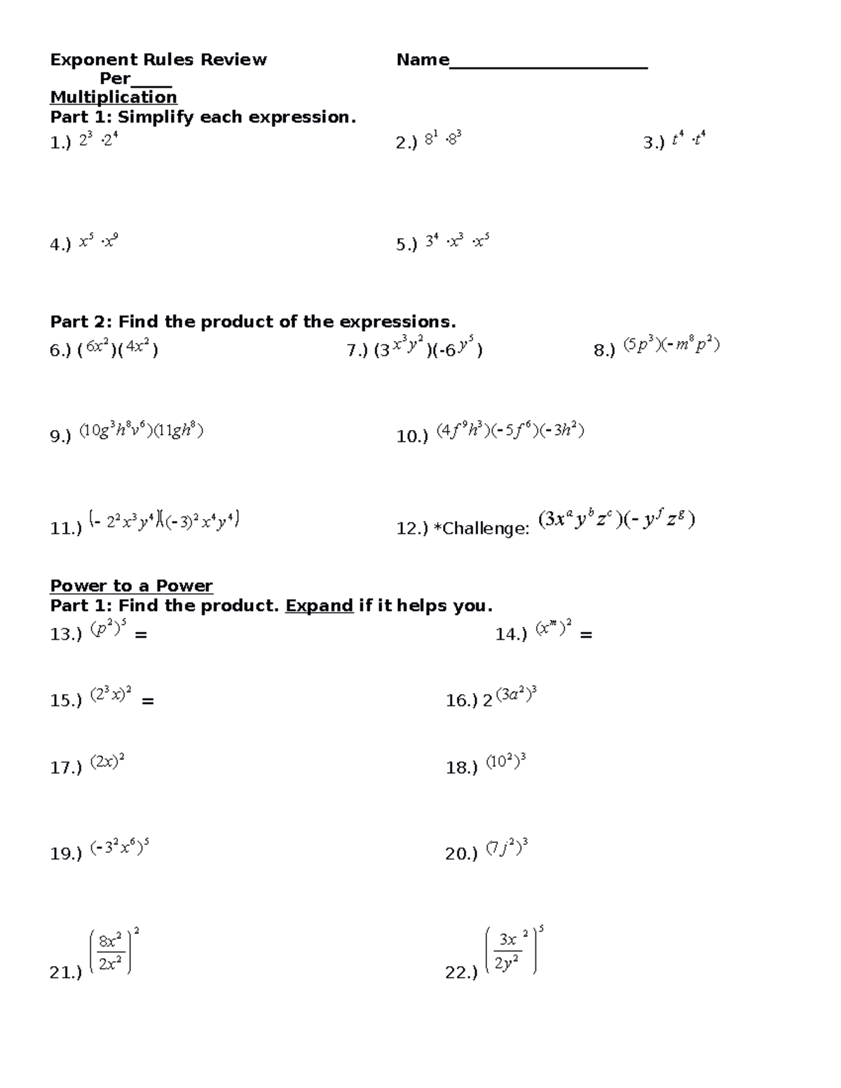 Exponent Worksheet review -14 - Exponent Rules Review Name ...