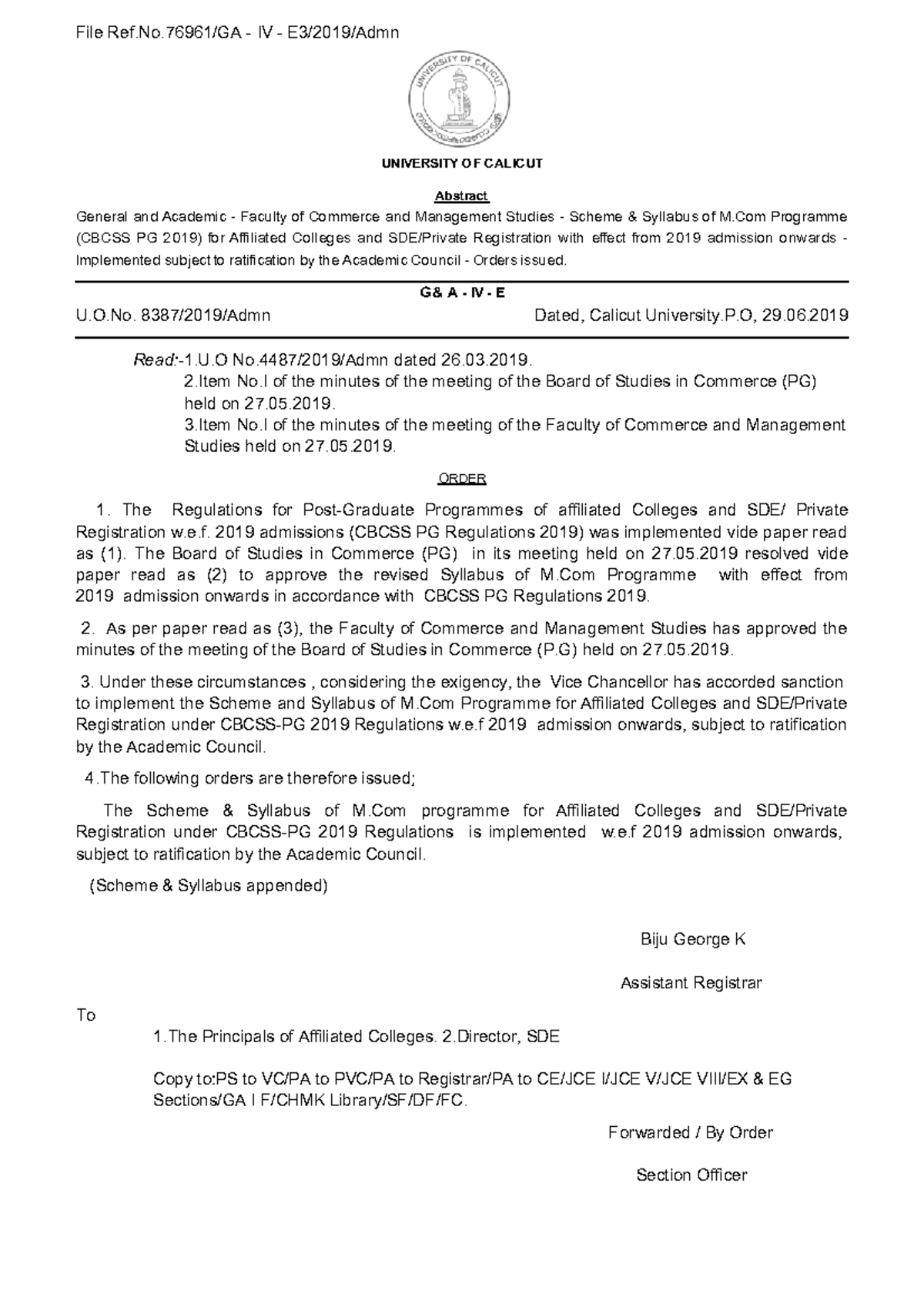 M.Com Programme Syllabus (CBCSS PG 2019) for Affiliated Colleges - Studocu