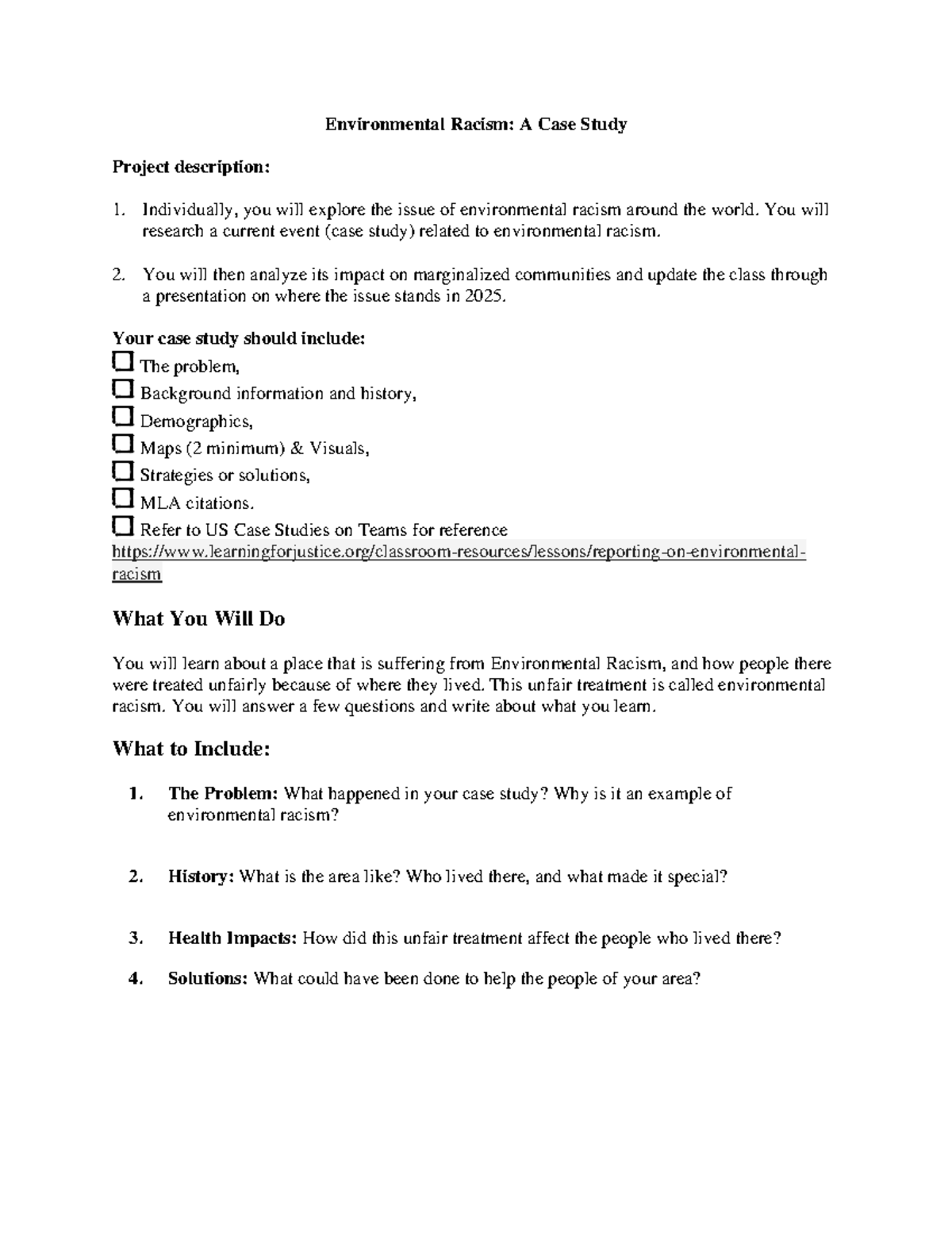 Environmental Racismin - You will research a current event (case study ...