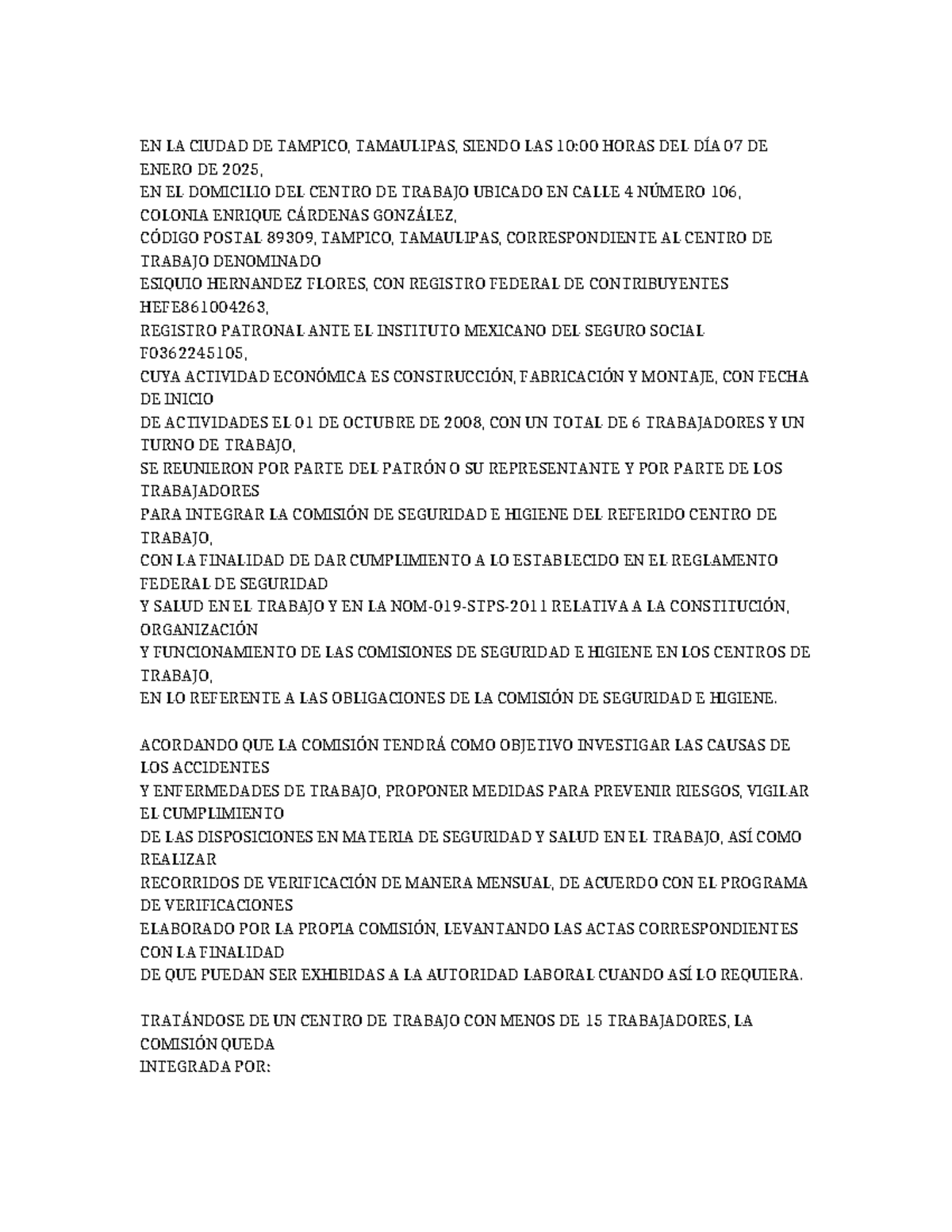 ACTA Constitutiva de la Comisión de Seguridad e Higiene - EHF - Studocu