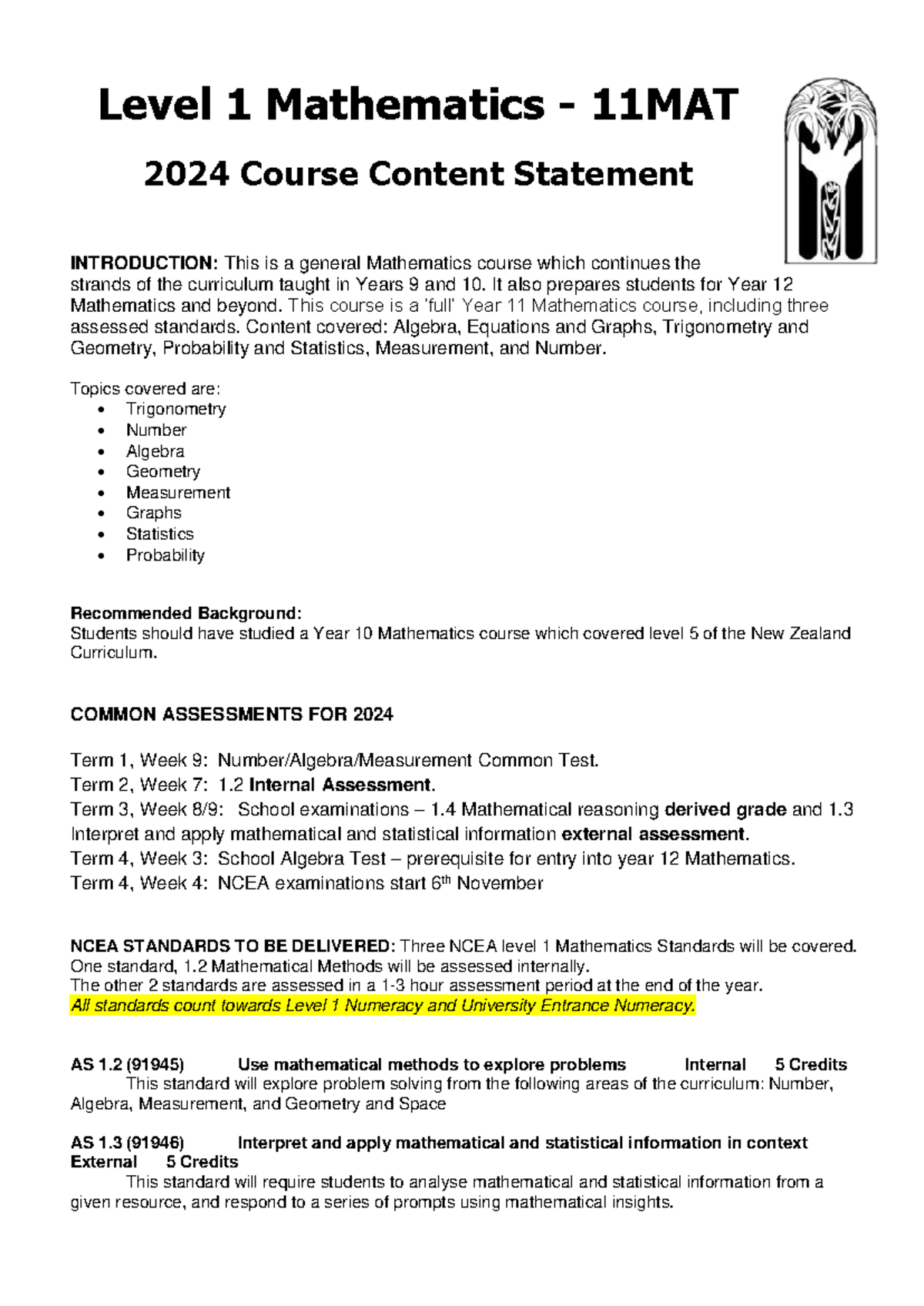 11MAT 2024 Level 1 Mathematics Course Content Overview - Studocu