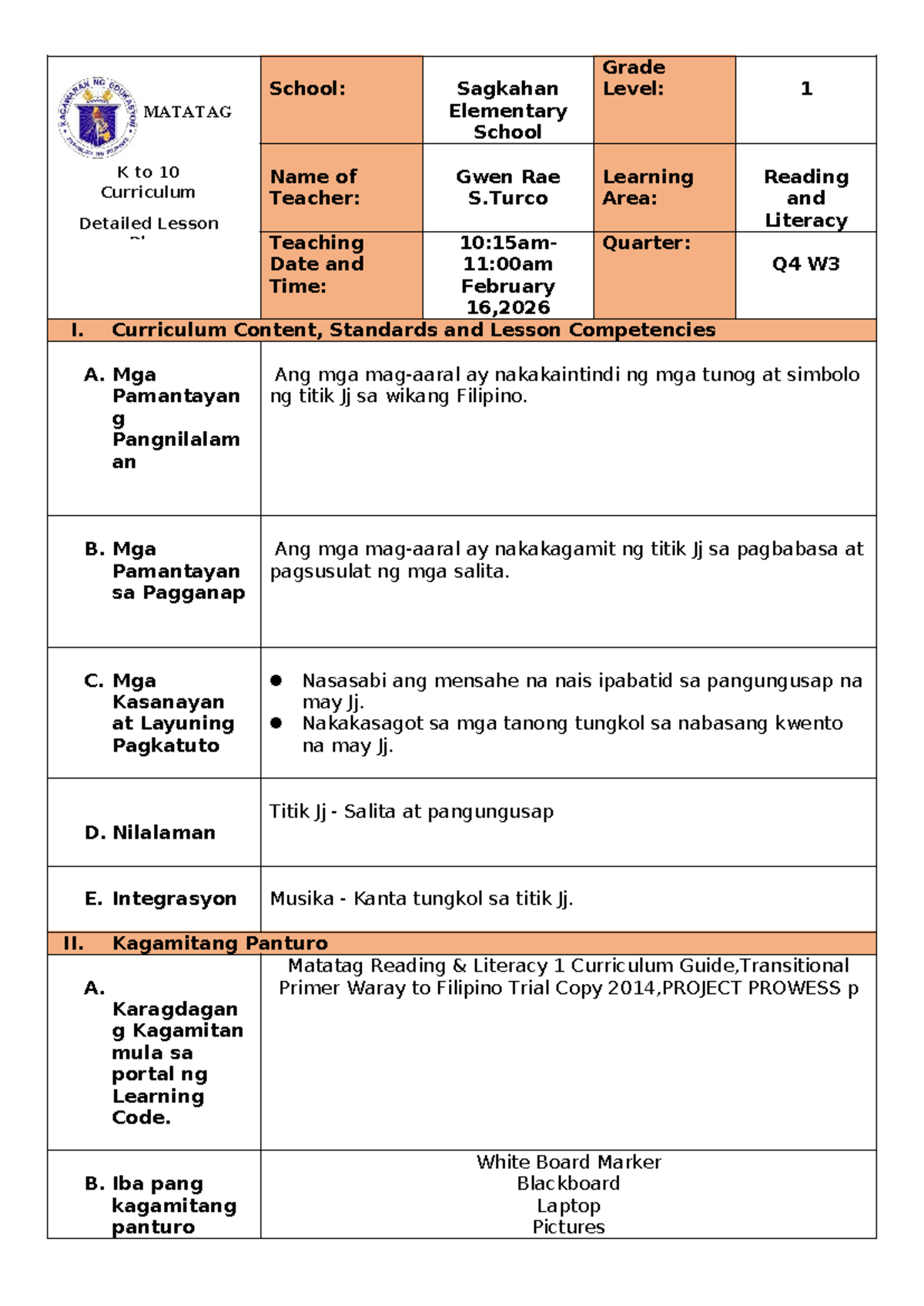 MATATAG K to 10 Curriculum Detailed Lesson Plan: Titik Jj - Studocu