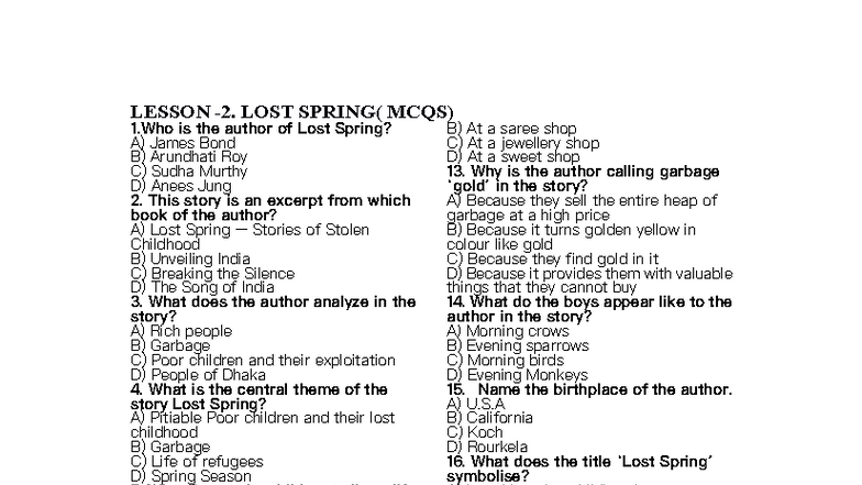 Lesson 2: MCQs on 'Lost Spring' (ENG101) - Key Concepts & Themes - Studocu