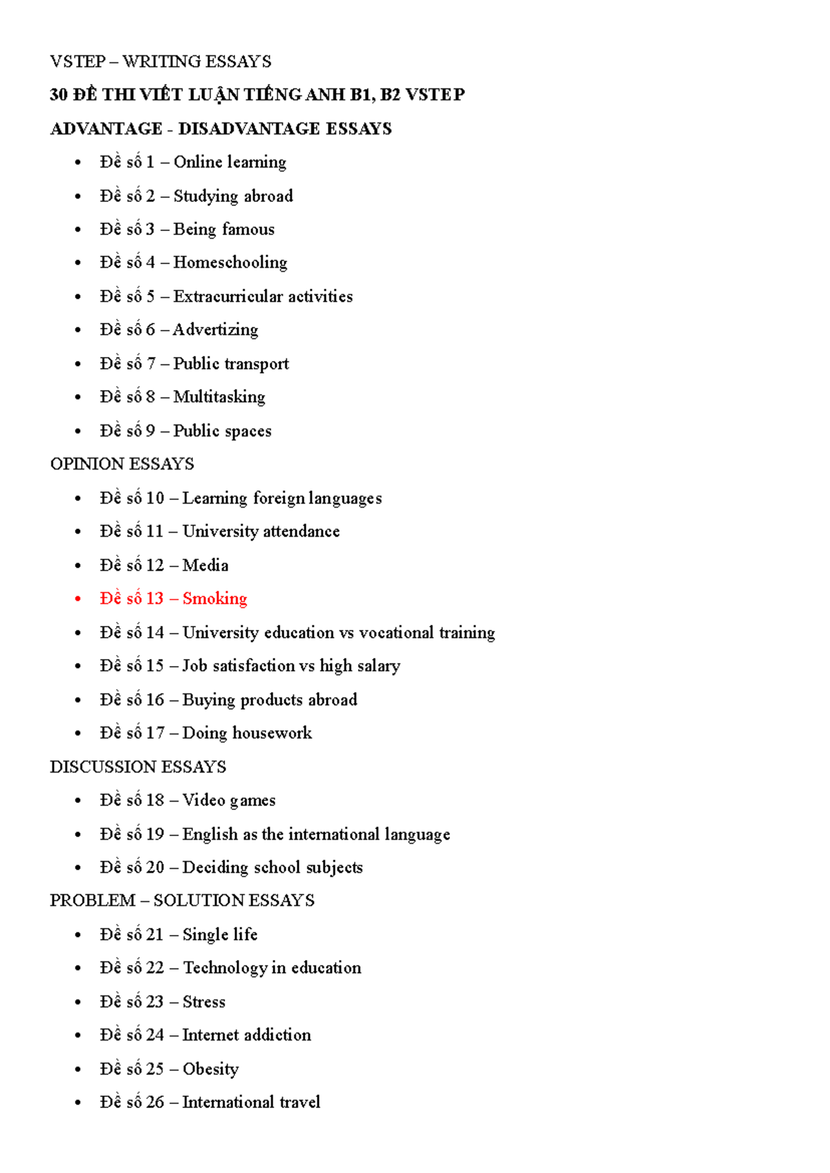VSTEP Writing Essays: 30 Prompts for B1 & B2 Levels - Studocu