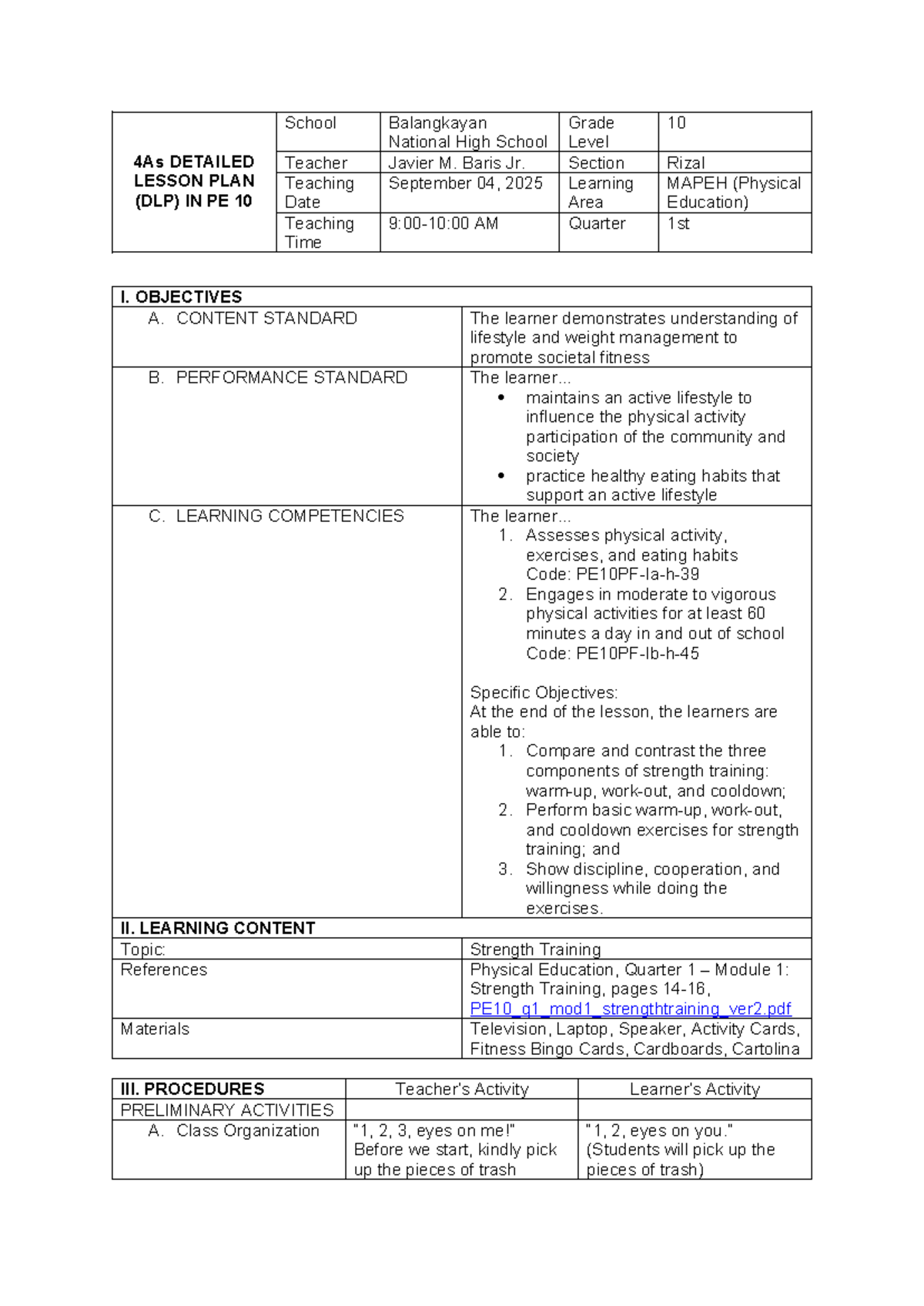 GRADE PE 10 - DETAILED LESSON PLAN ON STRENGTH TRAINING - Studocu