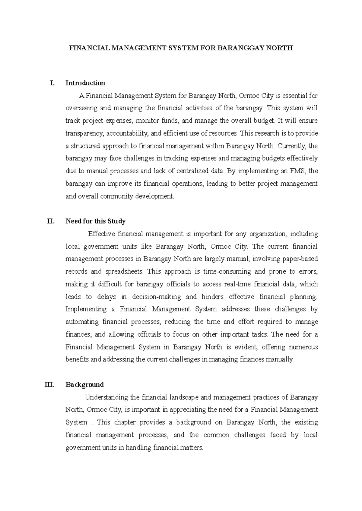 Research on FMS Implementation for Barangay North, Ormoc City - Studocu