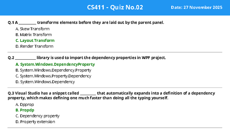 CS411 Quiz No.02 - WPF Dependency Properties and Transformations - Studocu