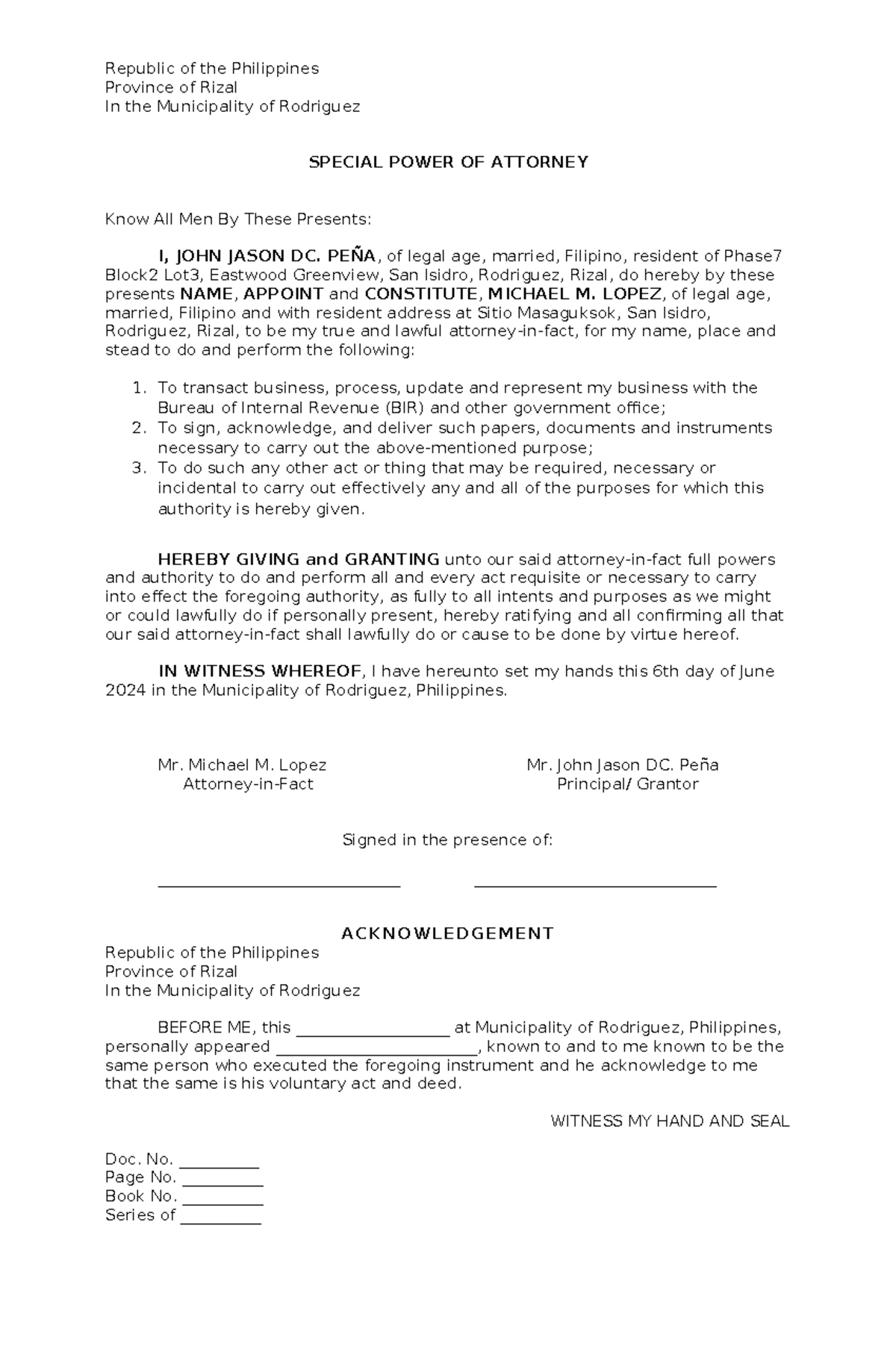 Special Power of Attorney - Rodriguez, Rizal (SPA-2316) - Studocu