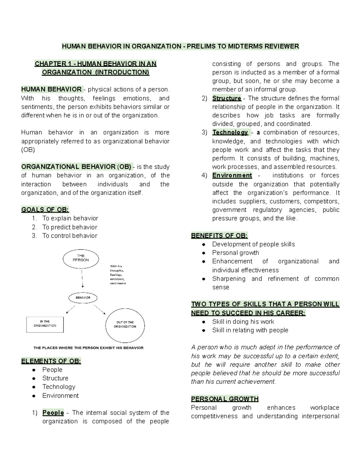 HBO - Prelims to Midterms Review: Human Behavior in Organizations - Studocu