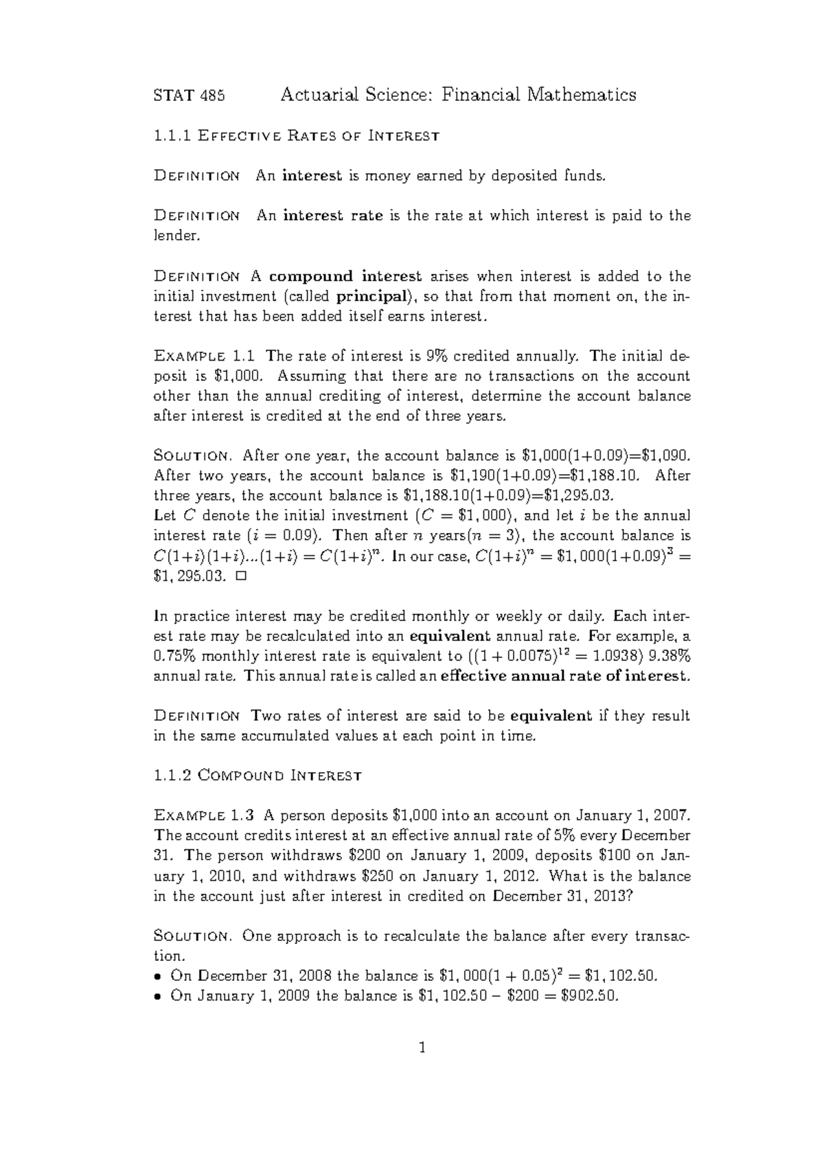STAT 485 Lecture Notes: Financial Mathematics on Interest Rates - Studocu