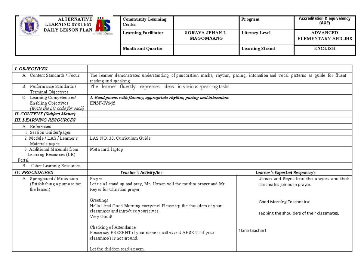 LS 1 English LAS 33 - Daily Lesson Plan for Advanced Literacy Skills ...