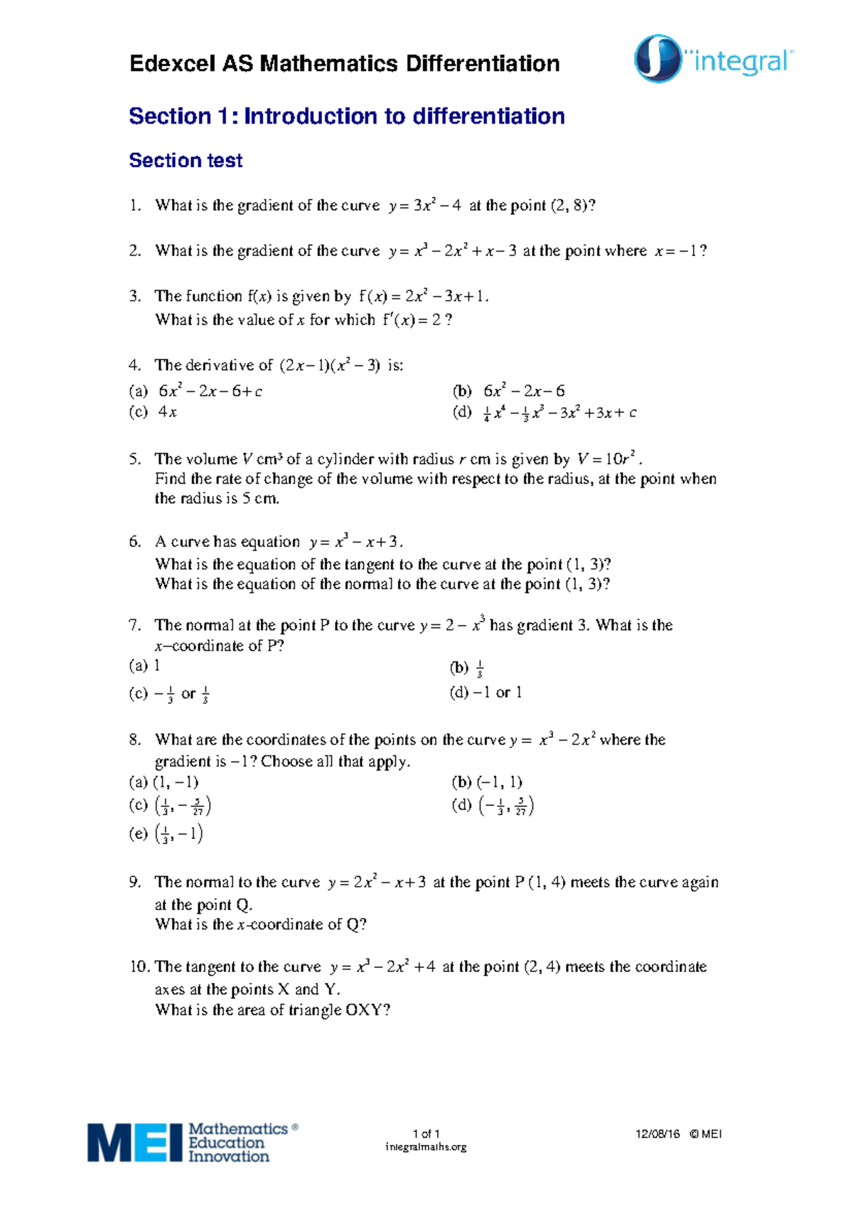 Edexcel AS Mathematics D1 Differentiation Section Test - Studocu