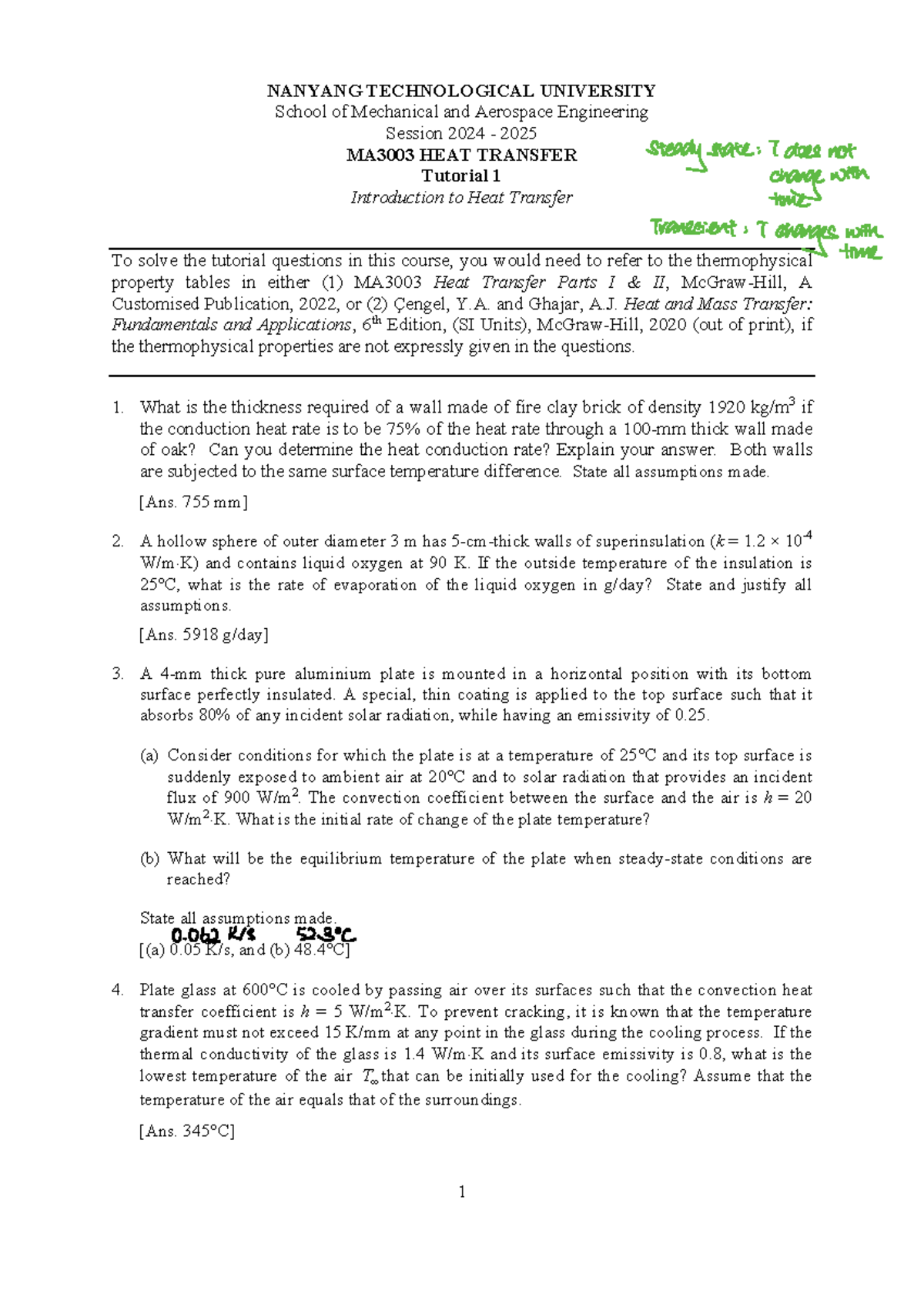 MA3003 Heat Transfer Tutorial 1: Steady-State and Transient Analysis ...