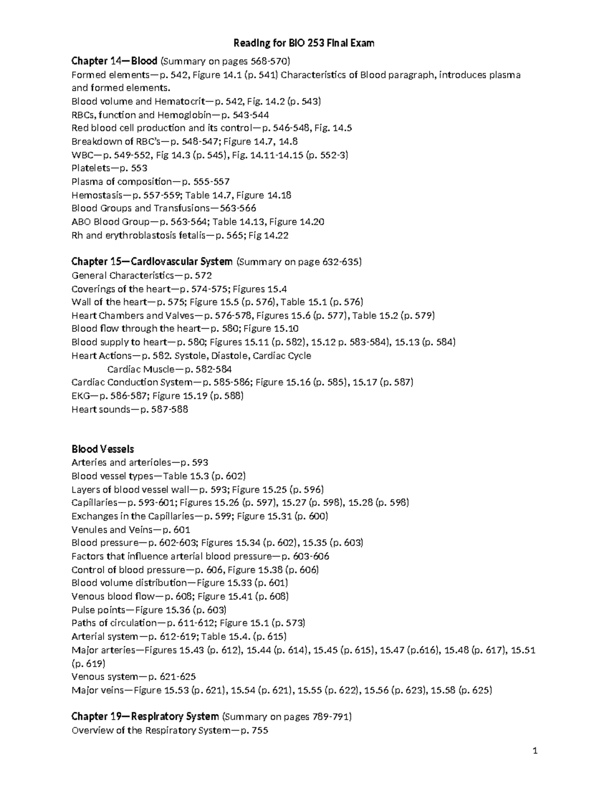Reading Guide for BIO 253 Final Exam: Blood, Cardiovascular ...