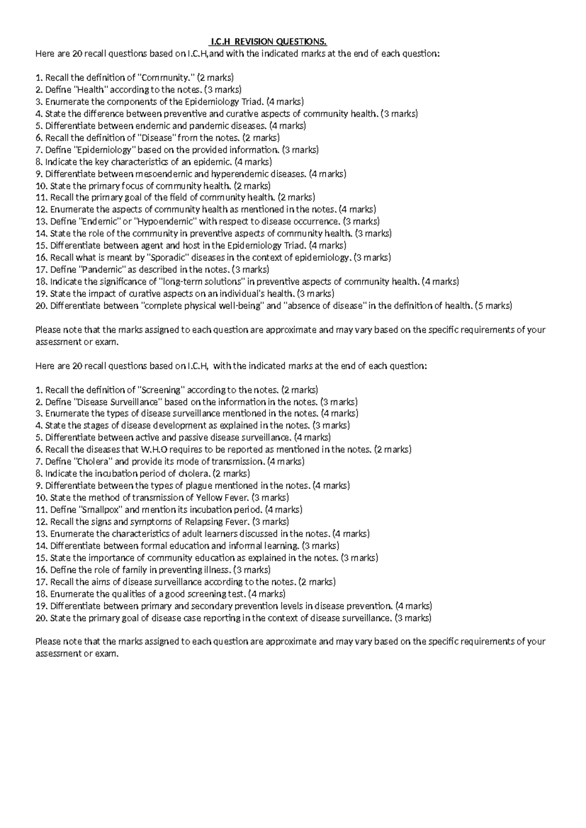 I.C.H Revision Questions - I.C REVISION QUESTIONS. Here are 20 recall