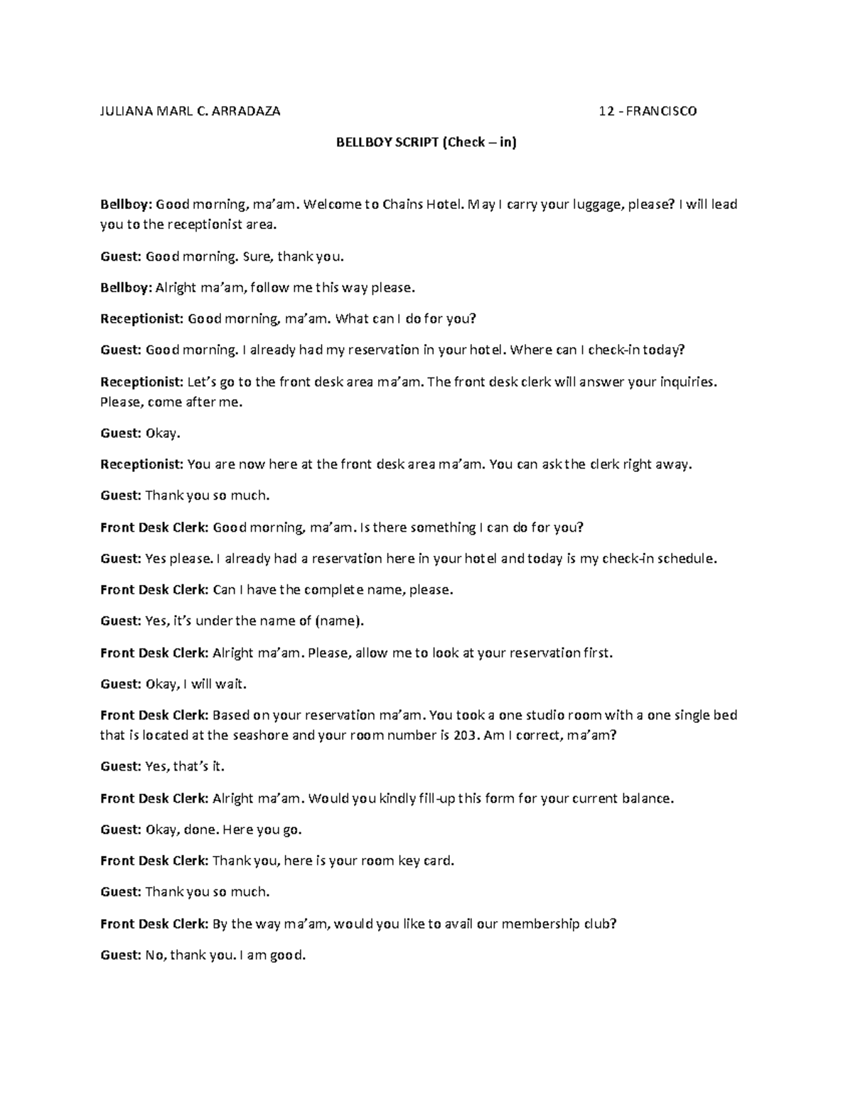 Bellboy-Script - it is a script about being a bellboy and ought to do ...
