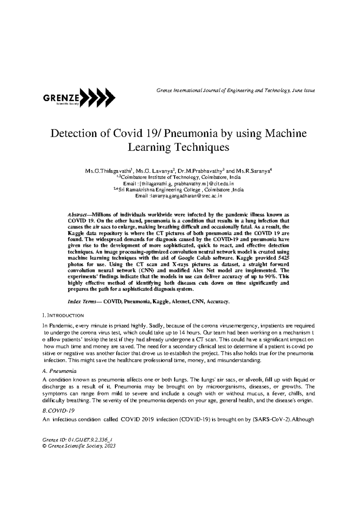 Detection of COVID-19 Pneumonia Using ML Techniques - IJET June Issue ...