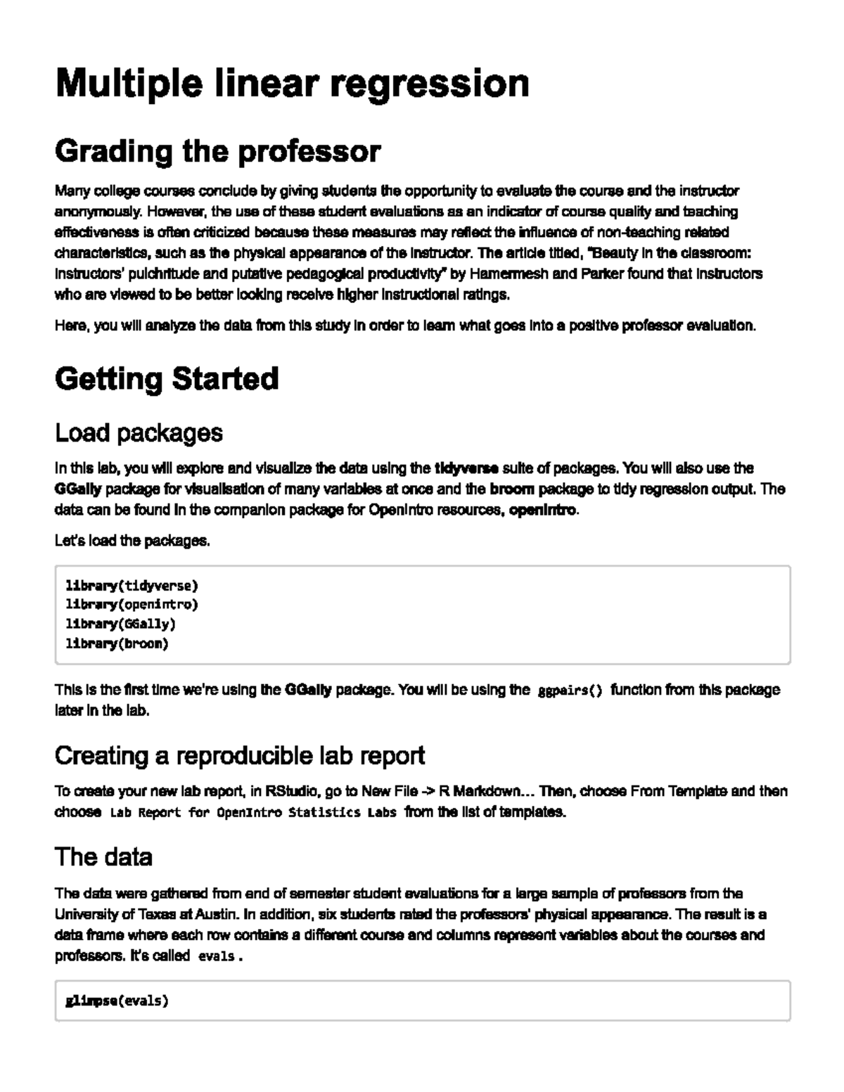 Exam1 - awda - Multiple linear regression Grading the professor Many ...