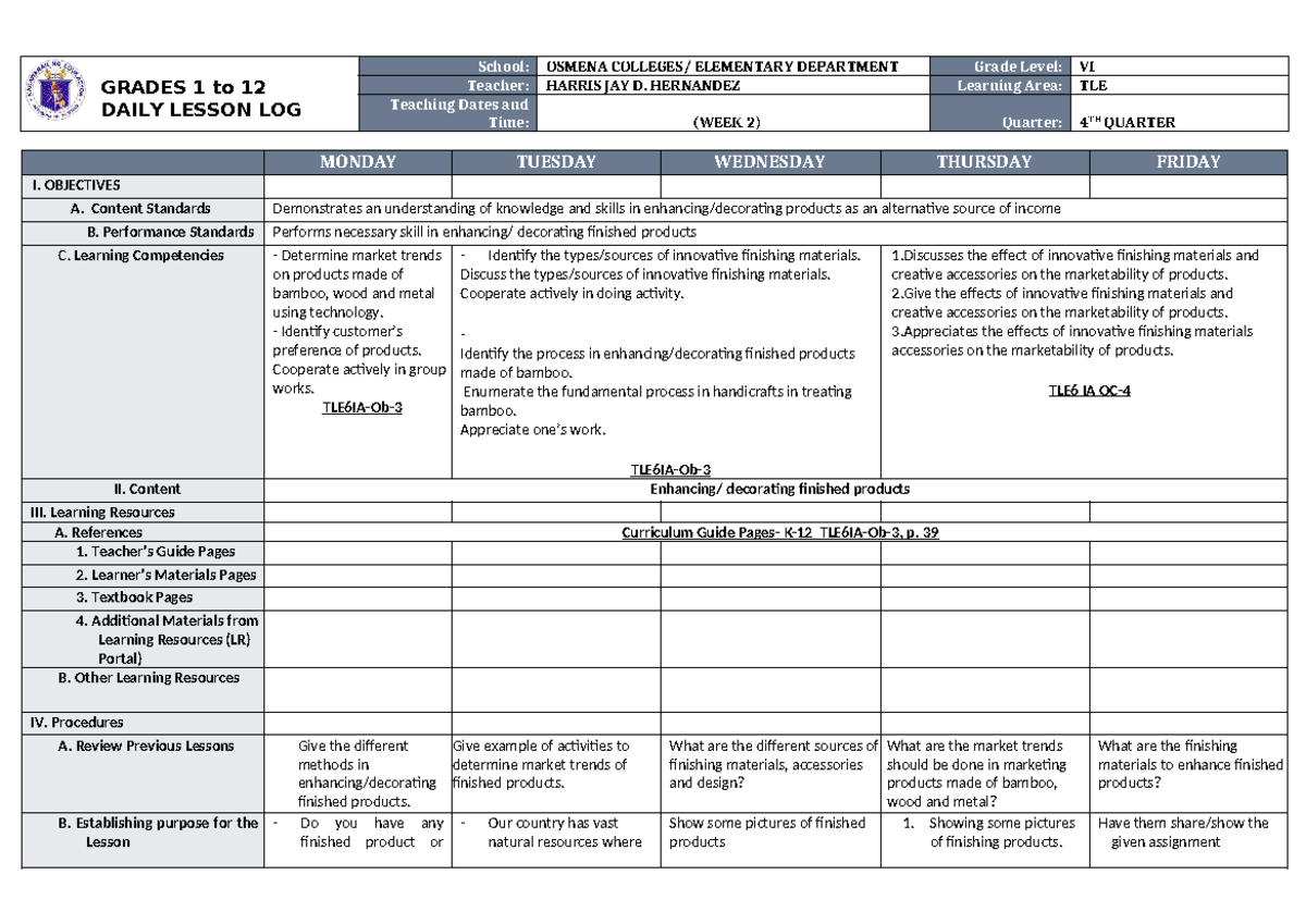 DLL TLE 6 Q4 W2 - Daily Lesson Log for TLE 6: Finishing Materials - Studocu