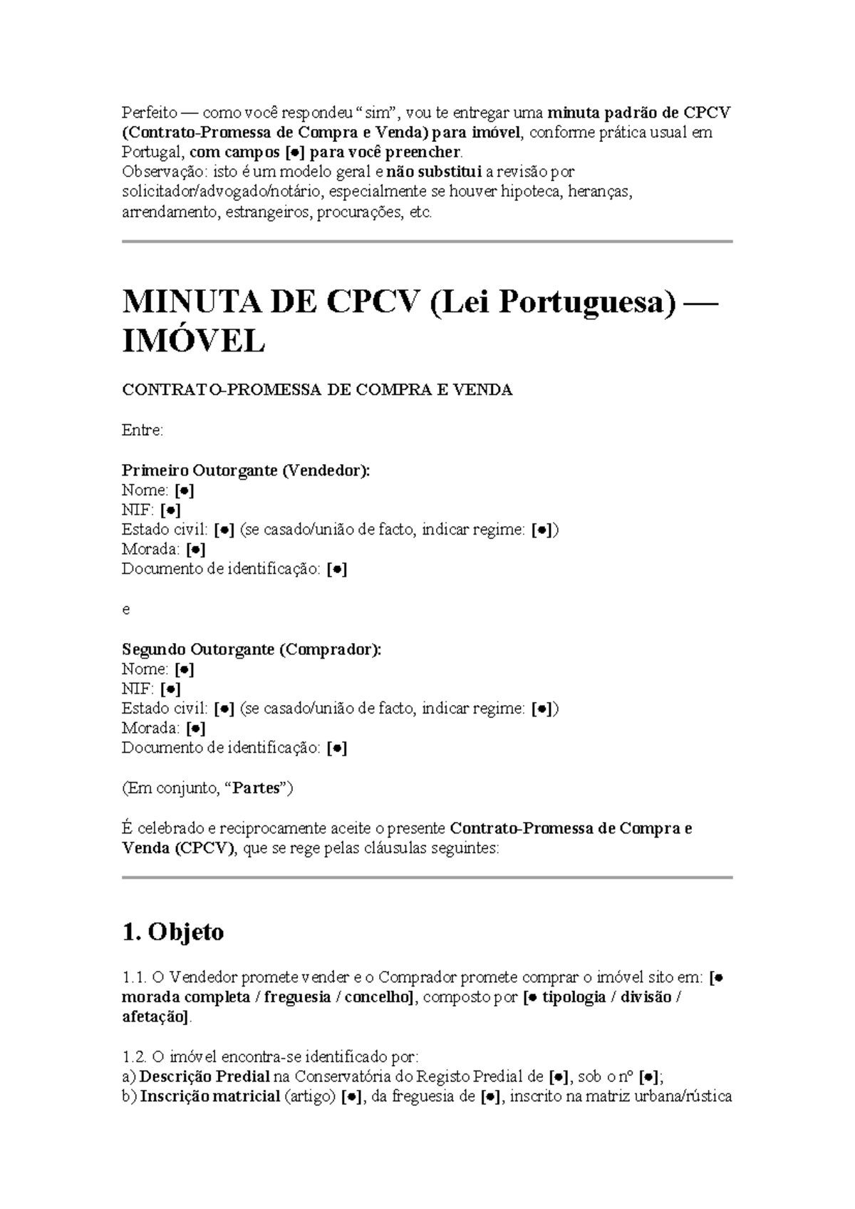 Minuta Padrão de CPCV para Compra e Venda de Imóvel em Portugal - Studocu