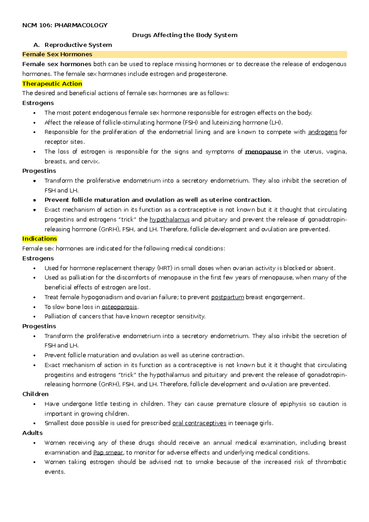 NCM 106: Final Exam Notes on Reproductive System Drugs - Studocu