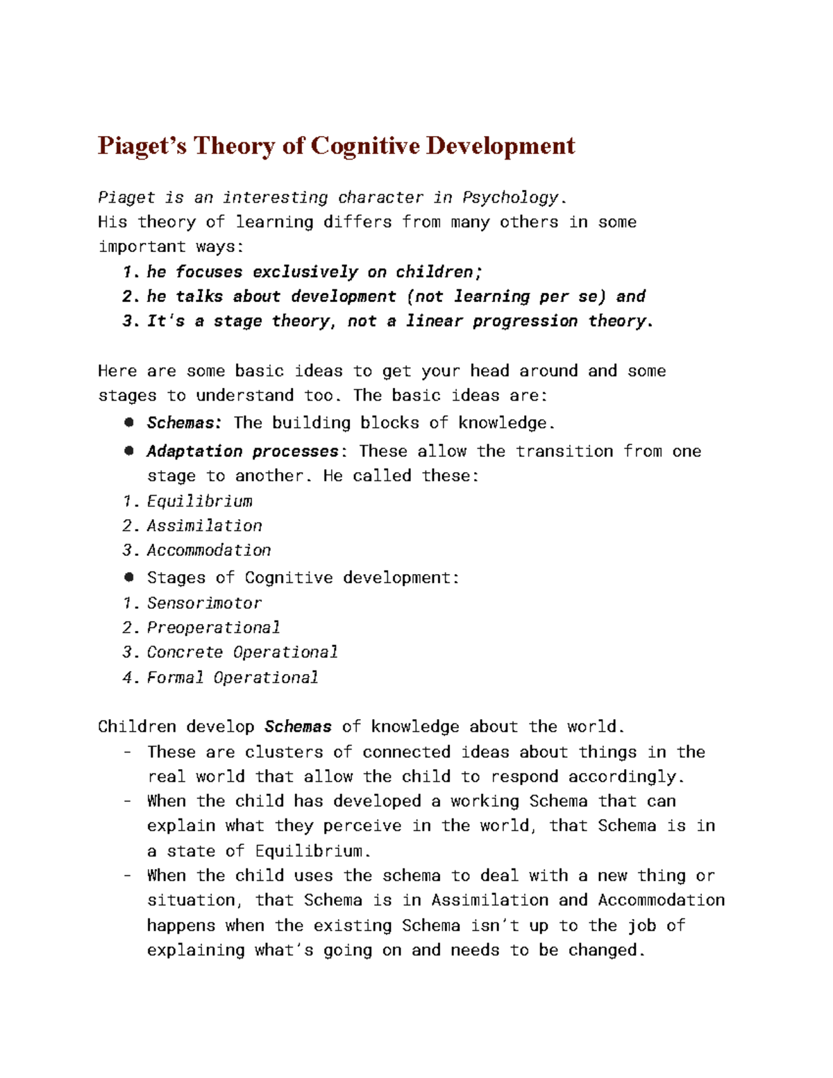 PSY101: Piaget’s Cognitive Development Theory Overview and Stages - Studocu
