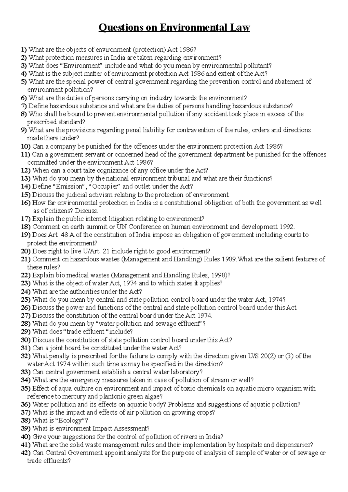 36419674 Environmental Law Key Questions and Insights - Studocu