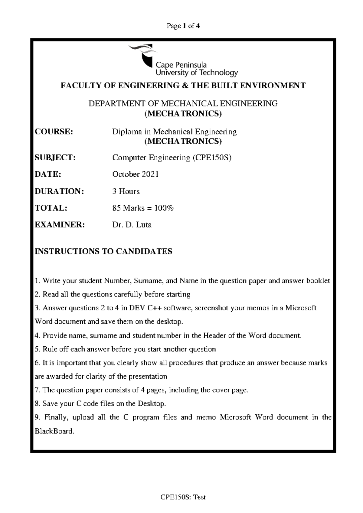 CPE150S: Computer Engineering Exam Notes for Mechanical Engineering ...