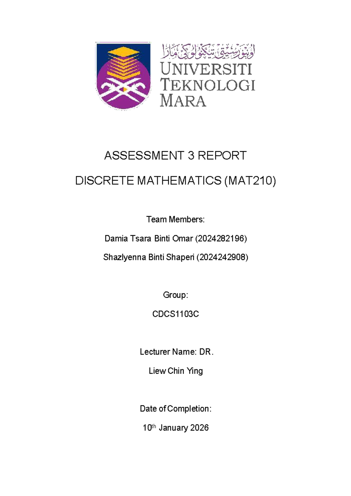 MAT210 Assessment 3 Report: Case Studies in Discrete Mathematics - Studocu