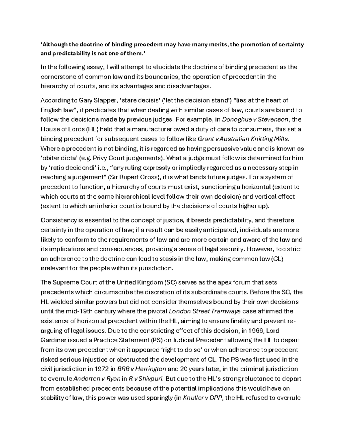 Doctrine of Precedent Essay: Merits and Challenges in Common Law - Studocu