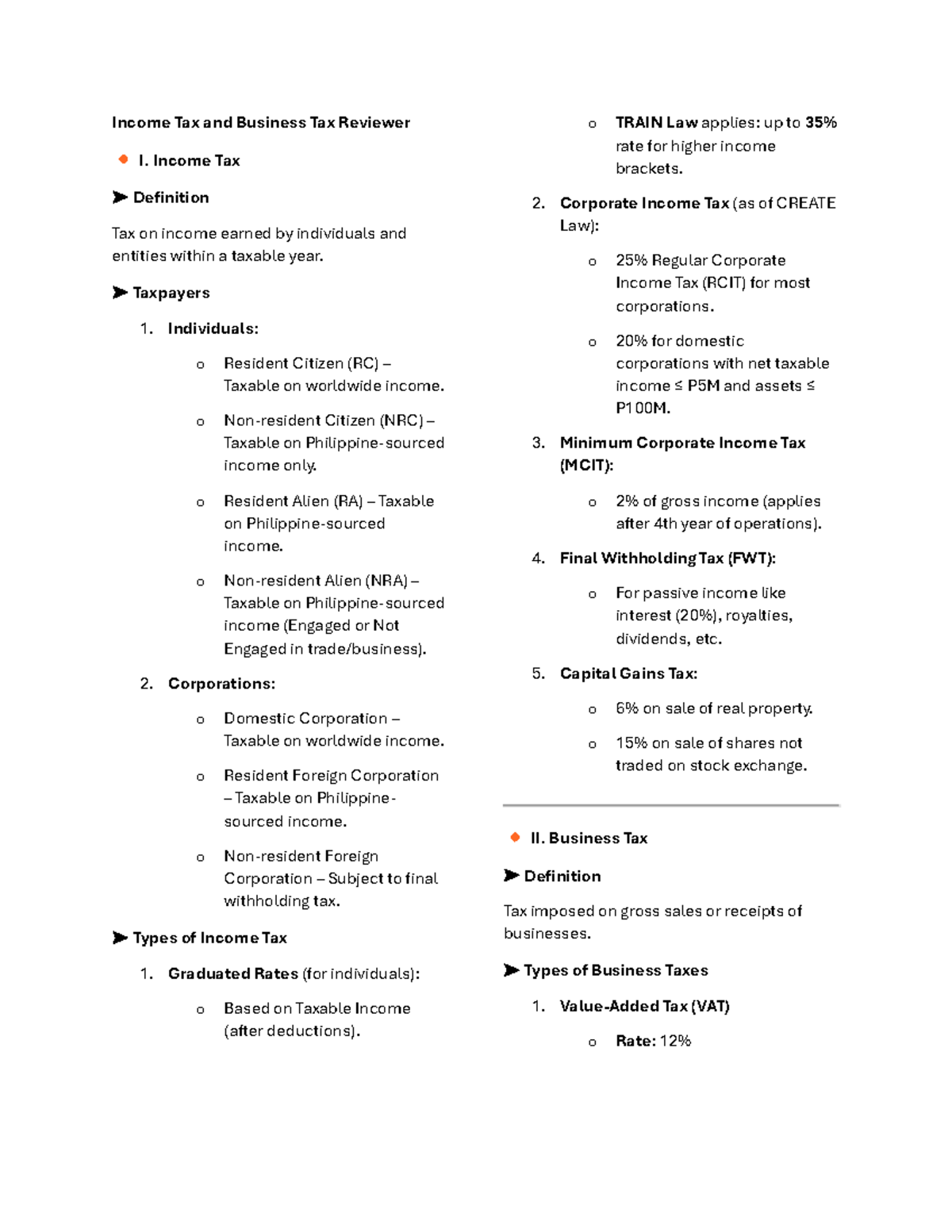 Income Tax and Business Tax Reviewer: Key Concepts and Types - Studocu