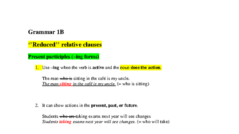 Grammar 1B - Grammar 1B ‘’Reduced’’ relative clauses Present ...