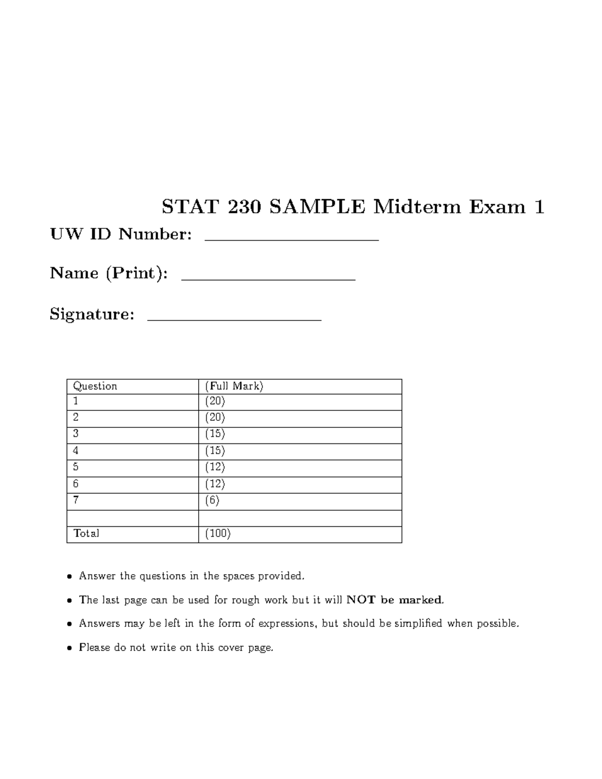 Sample Midterm 1 - STAT 230 SAMPLE Midterm Exam 1 UW ID Number: Name ...