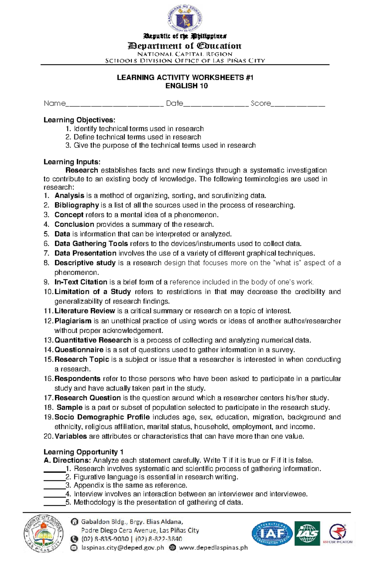 Q4 LAS 1 ENG 10 - LEARNING ACTIVITY SHEET - LEARNING ACTIVITY ...