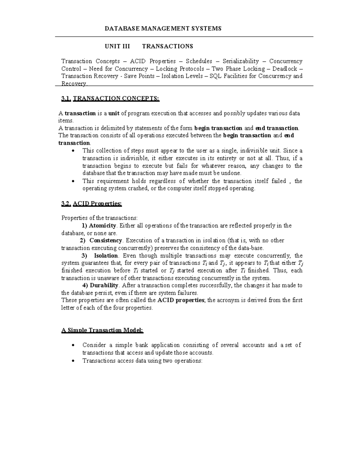 DBMS U3 - Lecture Notes on Transaction Concepts and Concurrency Control ...