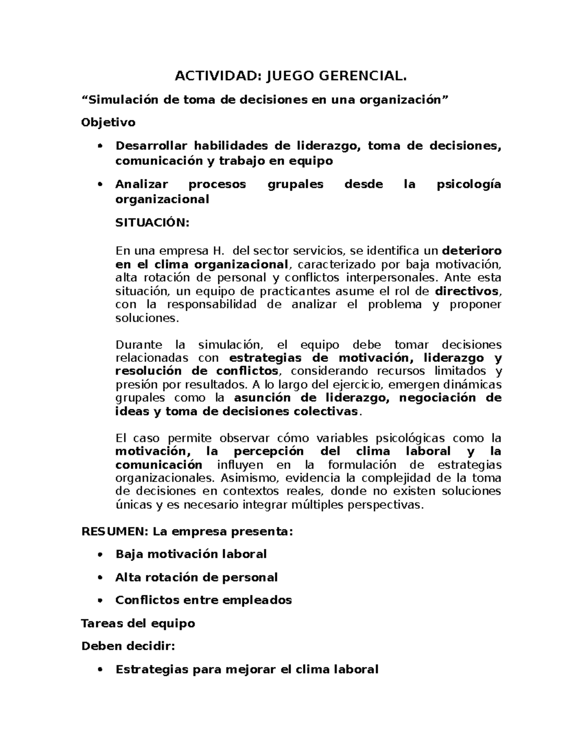 ACTIVIDAD: JUEGO GERENCIAL Y TOMA DE DECISIONES EN EQUIPO - Studocu