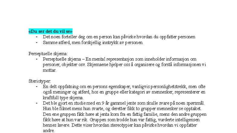 Kapittel 15 - Stereotypier og Selvoppfatning i Sosial Psykologi - Studocu