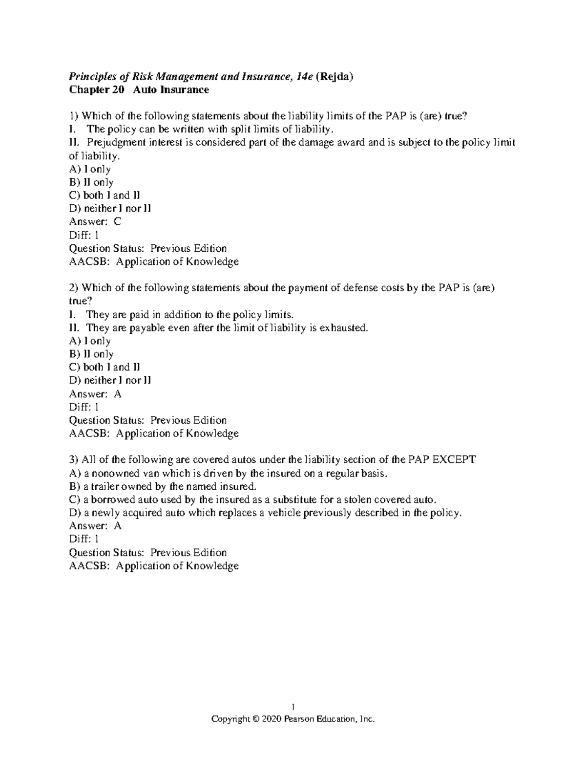 Chapter 20 - Auto Insurance Test Bank Questions and Answers - Studocu