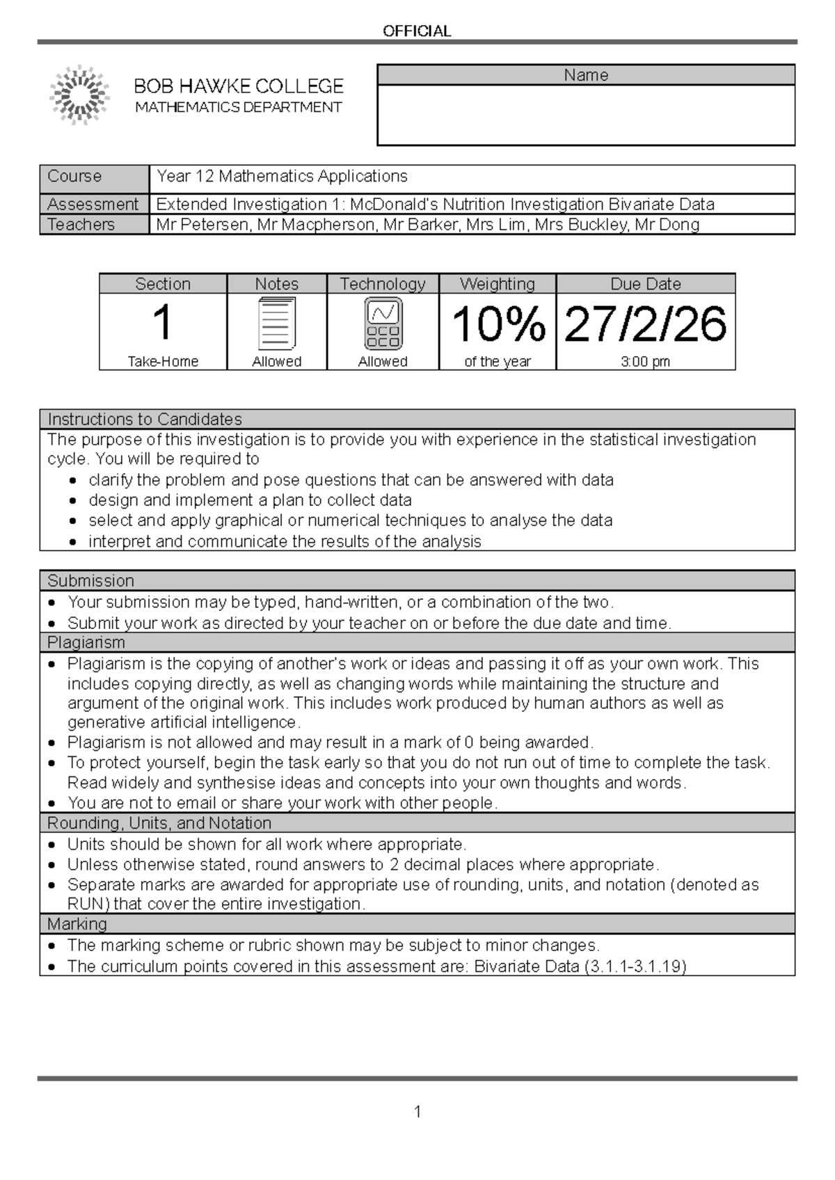 Year 12 Mathematics Applications: Nutrition Investigation 1 - Bivariate ...