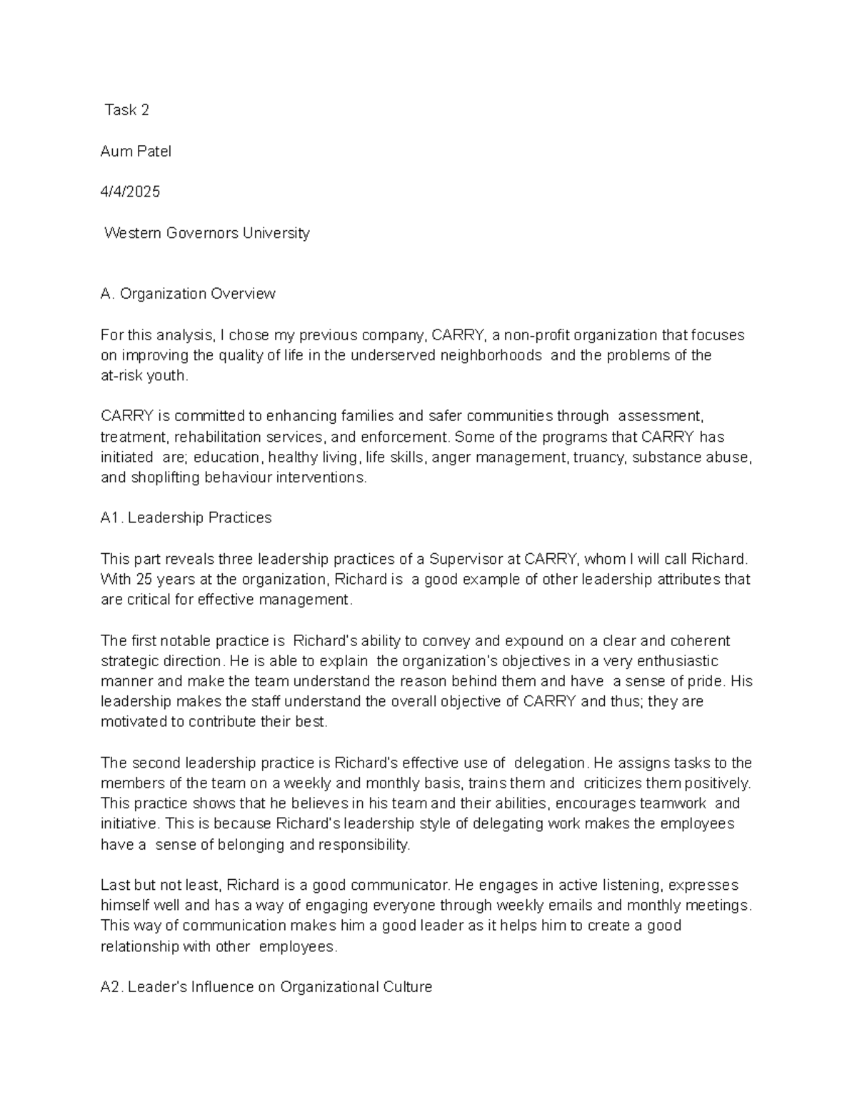 C200 Task 2: Leadership Analysis and Organizational Culture at CARRY ...
