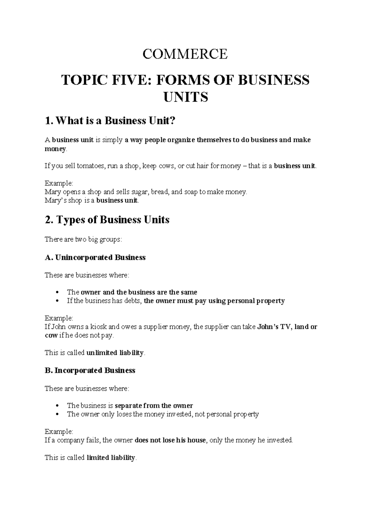 Commerce 101: Topic 5 - Forms of Business Units Notes - Studocu