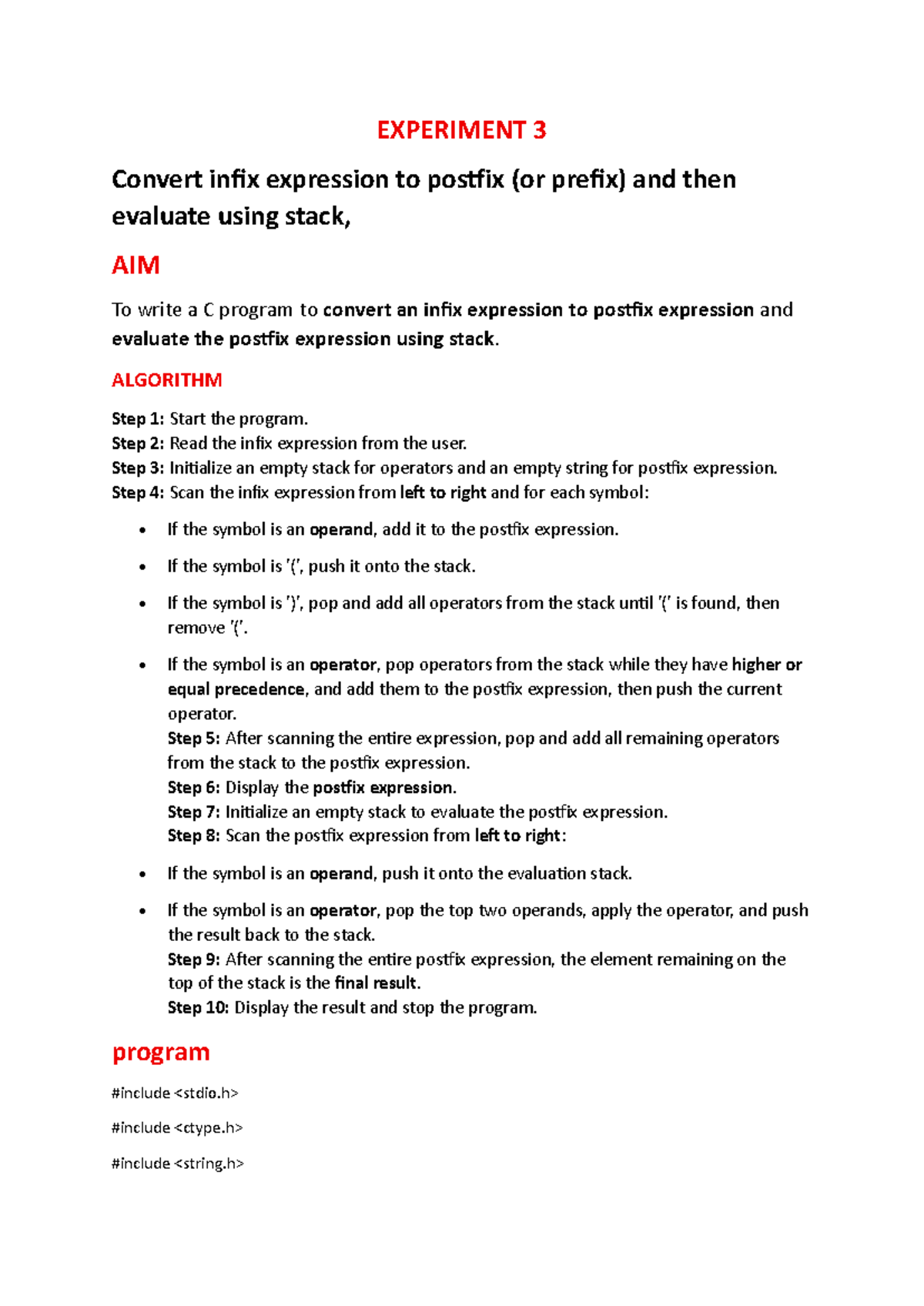 Experiment 3: Infix to Postfix Conversion & Evaluation Using Stack ...