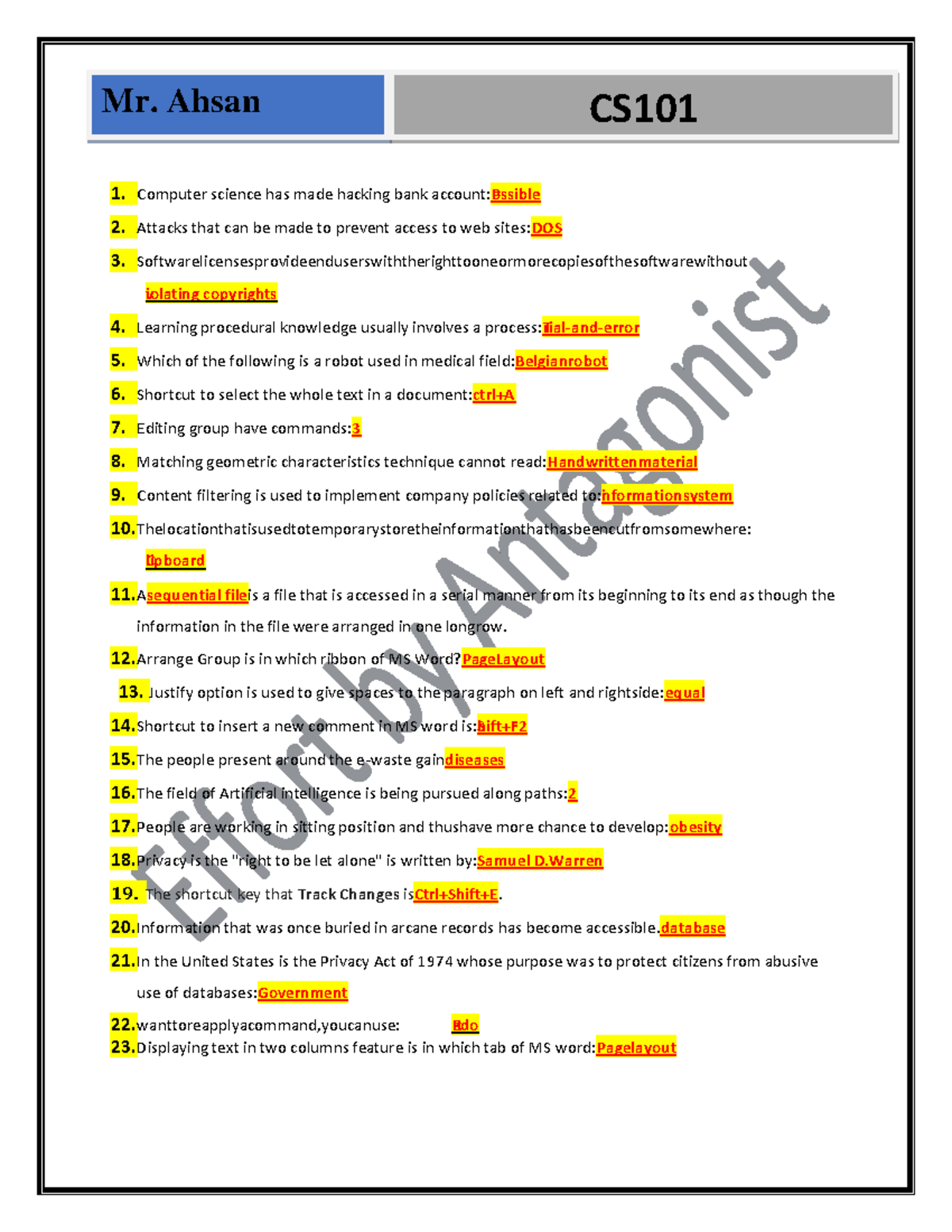 CS101 Midterm Quiz Preparation Notes | Fall 2021 - Studocu