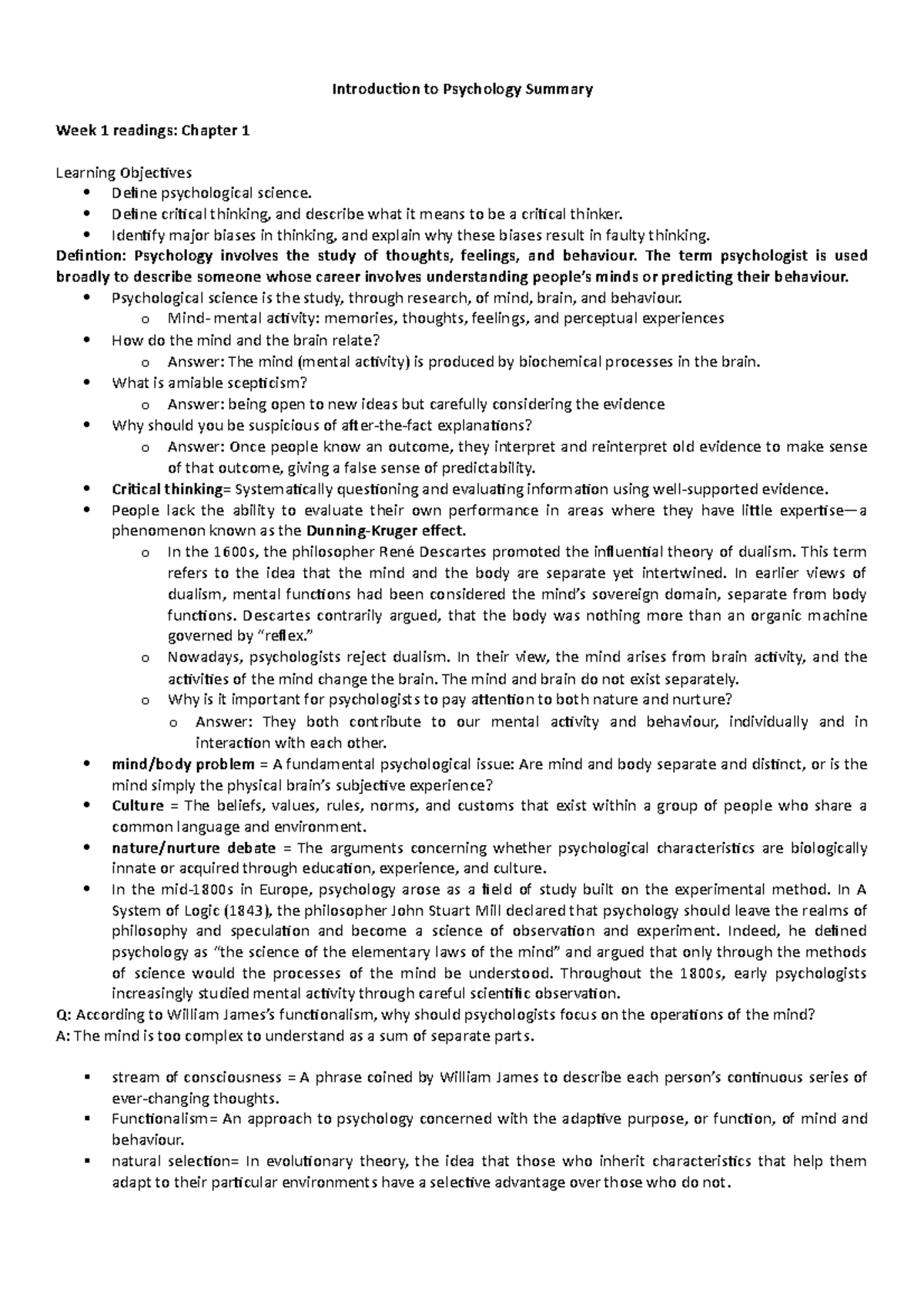 PSY101: Intro to Psychology Week 1 Summary and Key Concepts - Studeersnel