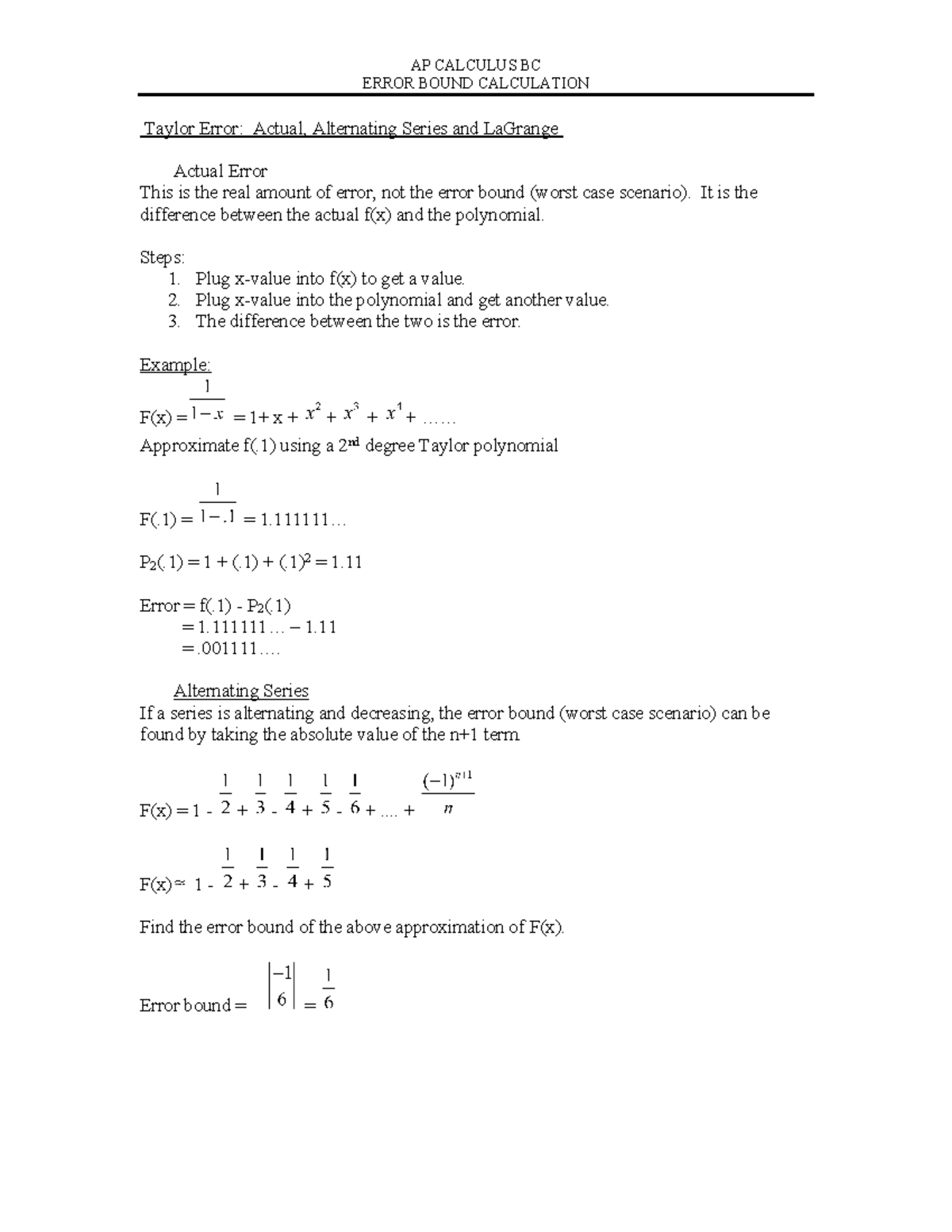 AP CALCULUS BC: Alt Error Calculation & Taylor Series Notes - Studocu