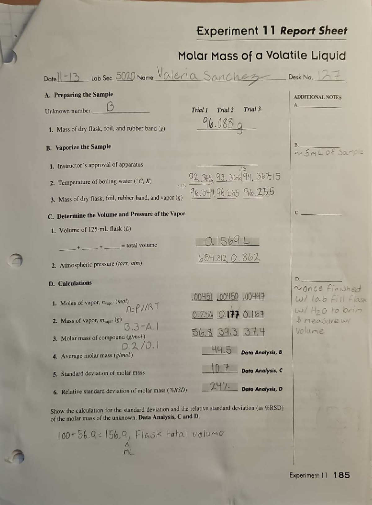 Experiment 11 Report: Molar Mass of a Volatile Liquid (Lab Sec. 5020 ...