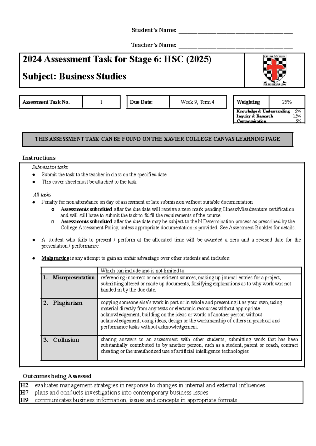 HSC Business Studies Assessment Task 1 Notification 2025 - Studocu