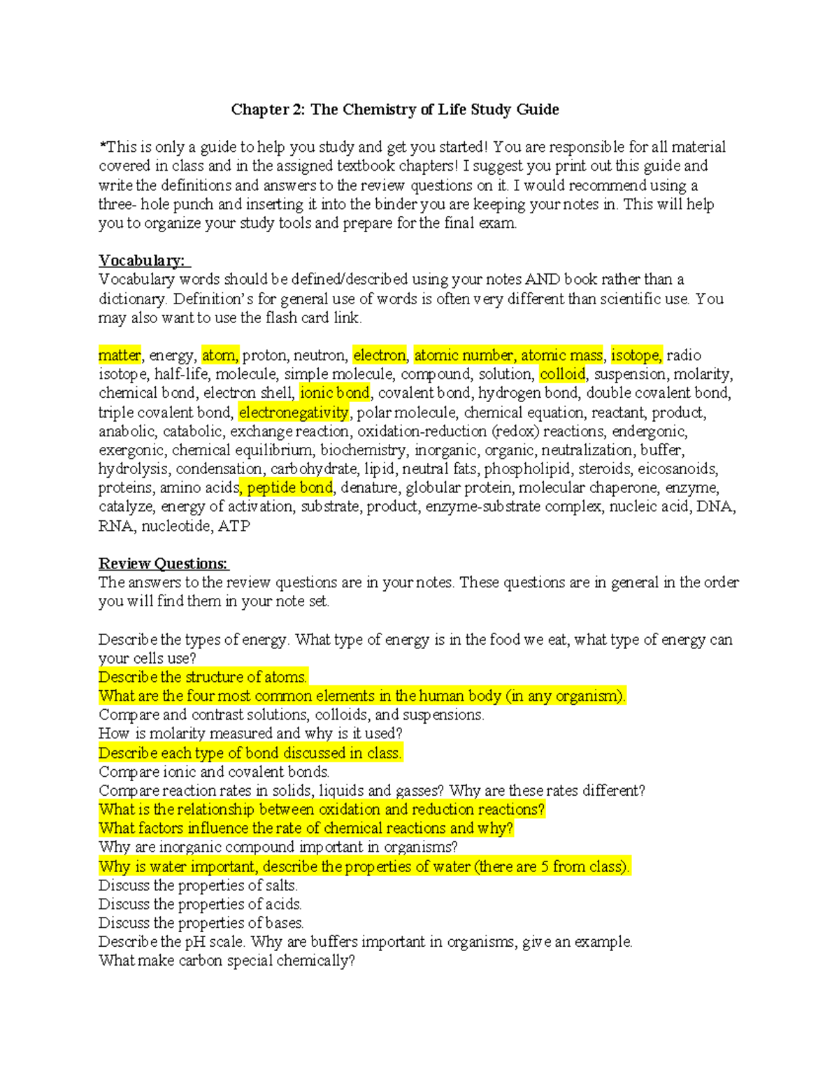 Chapter 2: The Chemistry of Life Final Exam Study Guide - Studocu